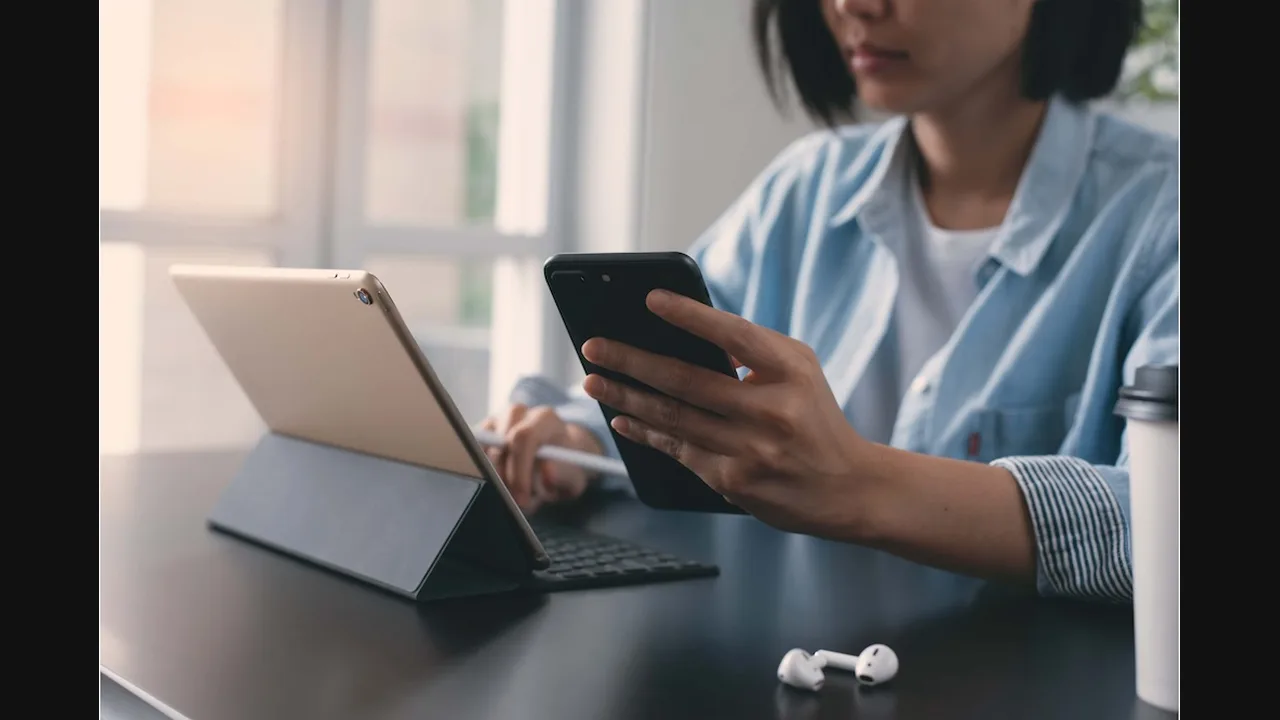 Person at a desk holding a phone, with a tablet on a stand beside them